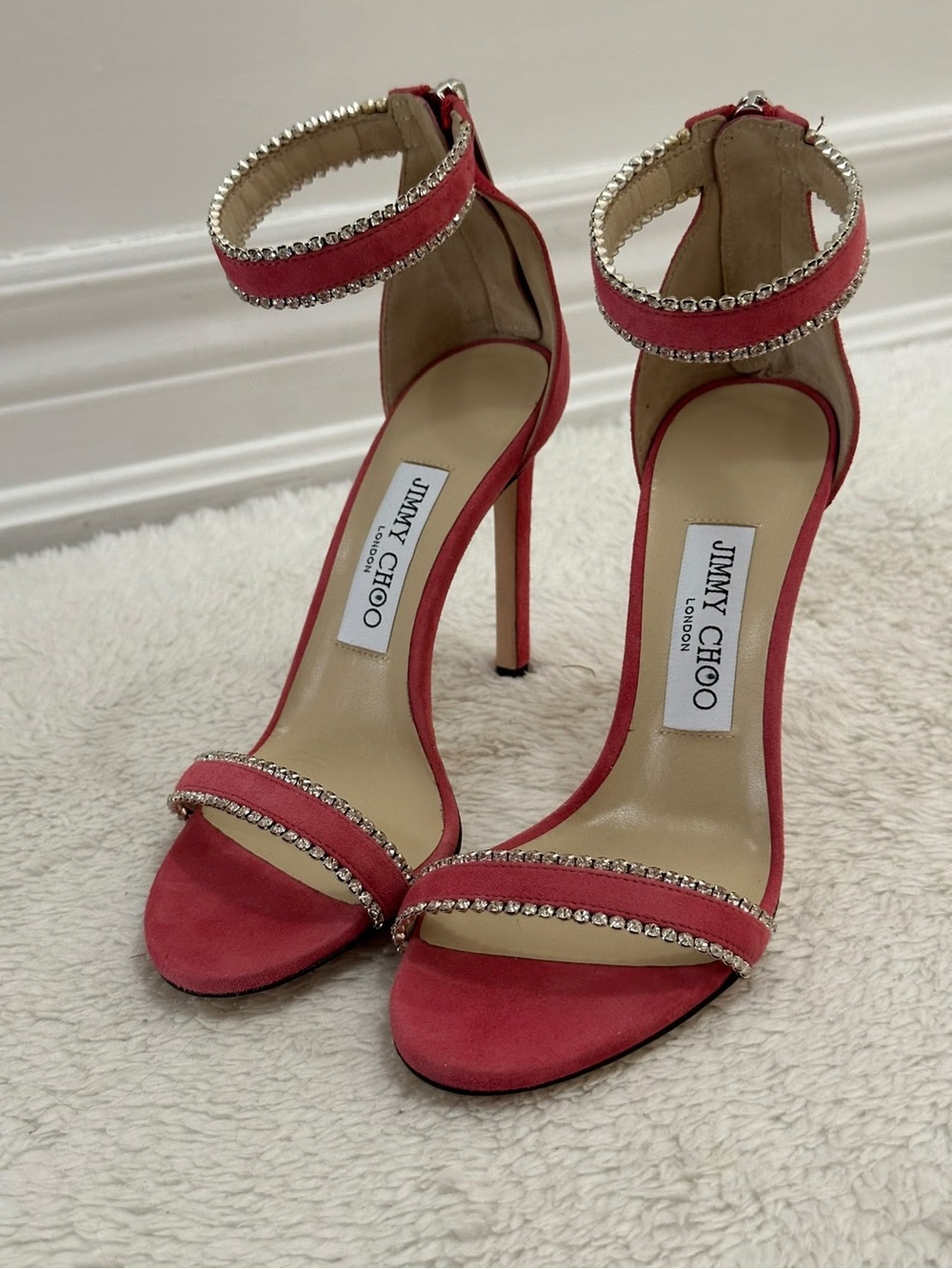 Jimmy Choo Coral-Pink Suede Ankle-Strap Heels with Crystal Trim
